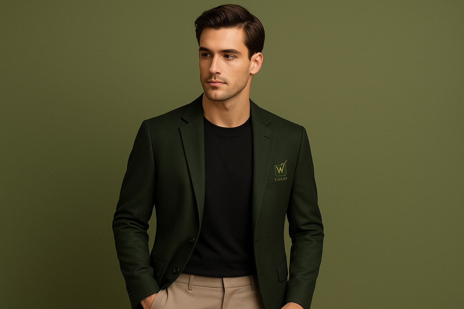 Modelo vestindo um blazer verde da coleção masculina WV & Co.