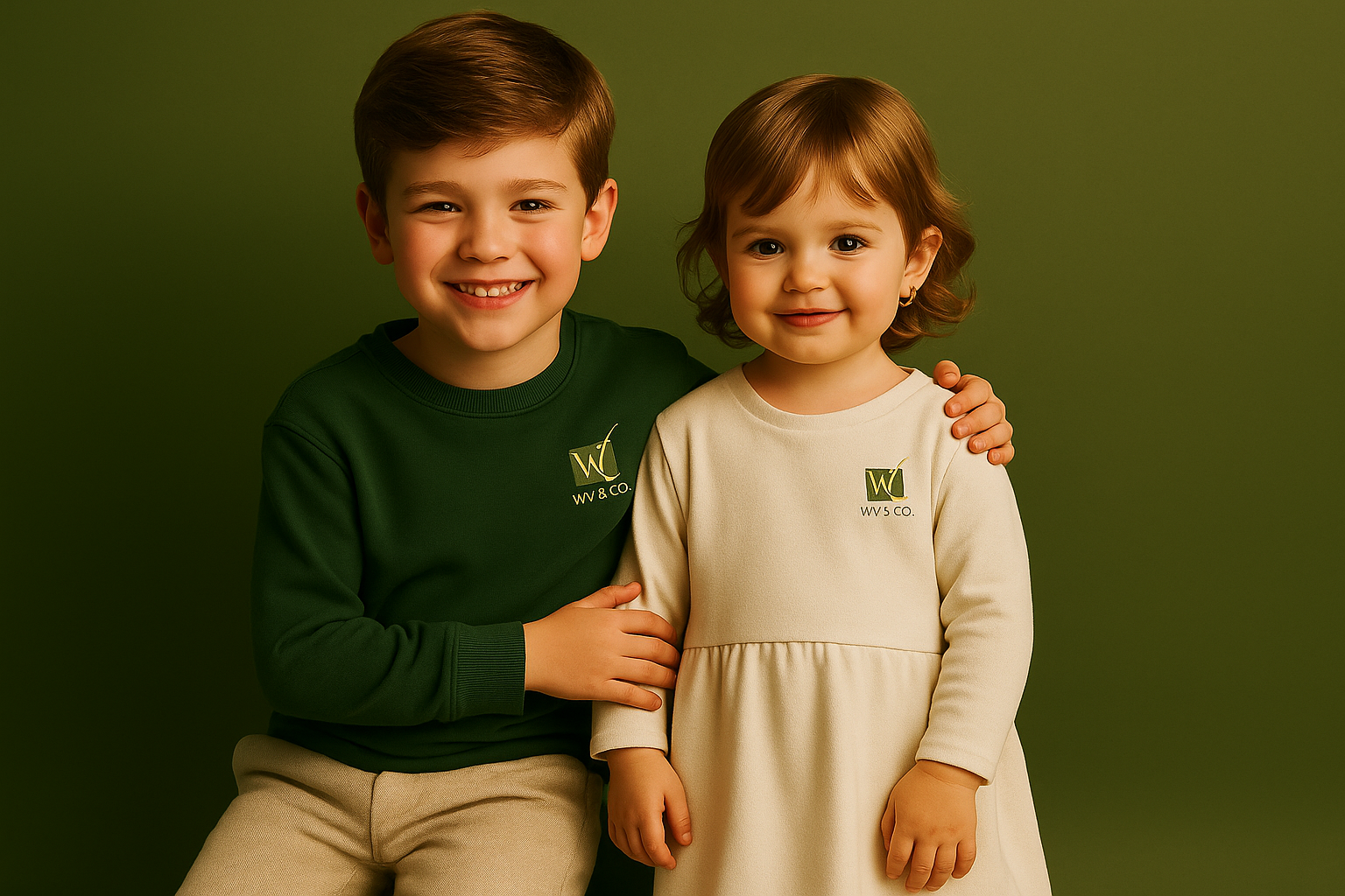 Duas crianças sorrindo com roupas da linha infantil da WV & Co.