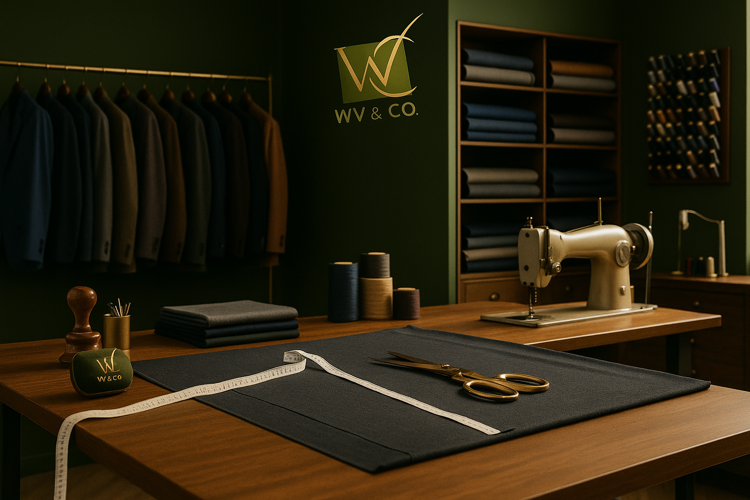 Interior do ateliê de alfaiataria da WV & Co. com tecidos e máquina de costura.