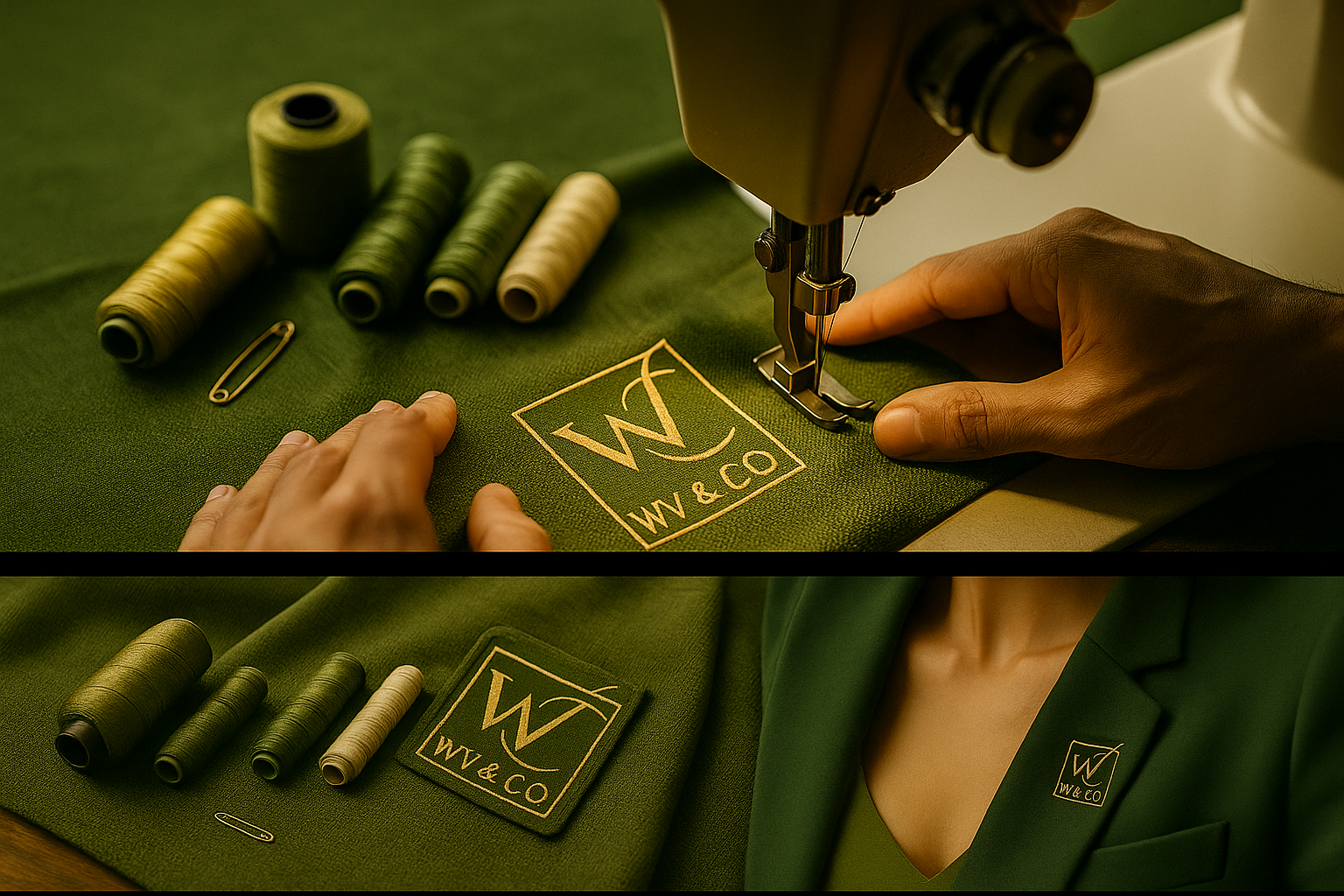 Mãos de um artesão costurando o logo da WV & Co. em uma peça de roupa.